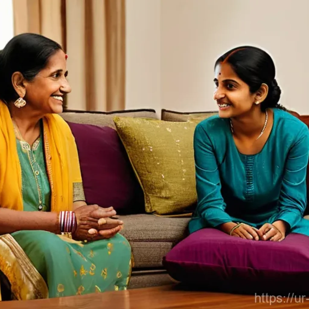 비폭력 커뮤니케이션과 갈등 예방 - **Prompt:** A warm, inviting living room with soft lighting. A multi-generational South Asian family...