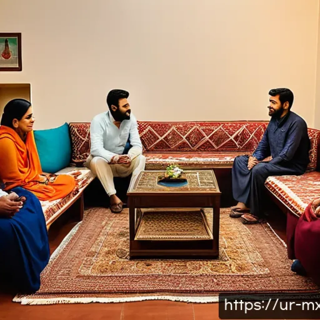 비폭력 커뮤니케이션의 심리학 - A warm, intimate scene of a diverse group of Urdu-speaking adults sitting in a cozy living room enga...