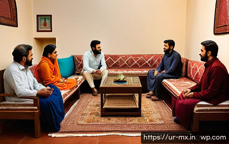 비폭력 커뮤니케이션의 심리학 - A warm, intimate scene of a diverse group of Urdu-speaking adults sitting in a cozy living room enga...