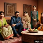 Home 21 비폭력 커뮤니케이션의 방향성과 전략 - A warm and inviting family living room scene depicting a diverse South Asian family engaged in deep,...