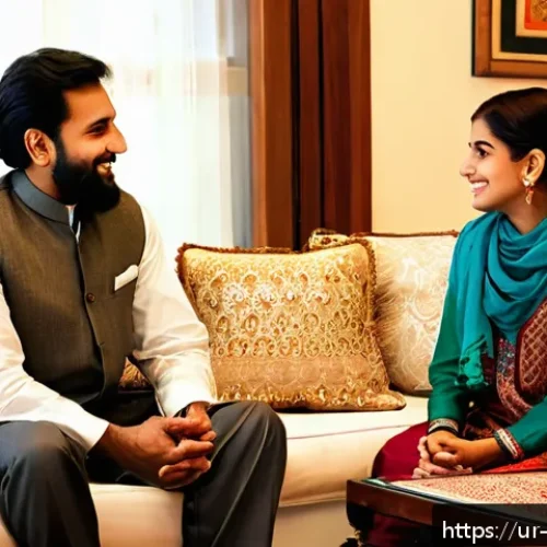 Home 32 비폭력 커뮤니케이션과 개인의 정체성 - A warm, inviting living room scene featuring a South Asian man in his 30s with traditional Pakistani...