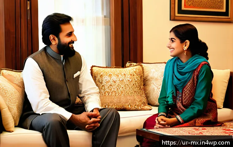 비폭력 커뮤니케이션과 개인의 정체성 - A warm, inviting living room scene featuring a South Asian man in his 30s with traditional Pakistani...