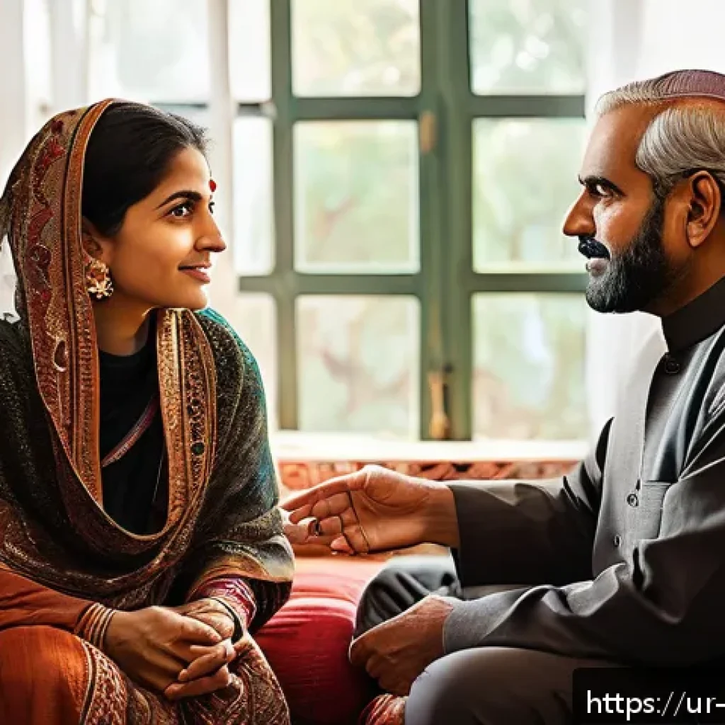비폭력 커뮤니케이션의 개인적 적용 - A warm, intimate living room scene featuring a middle-aged South Asian Urdu-speaking couple engaged ...
