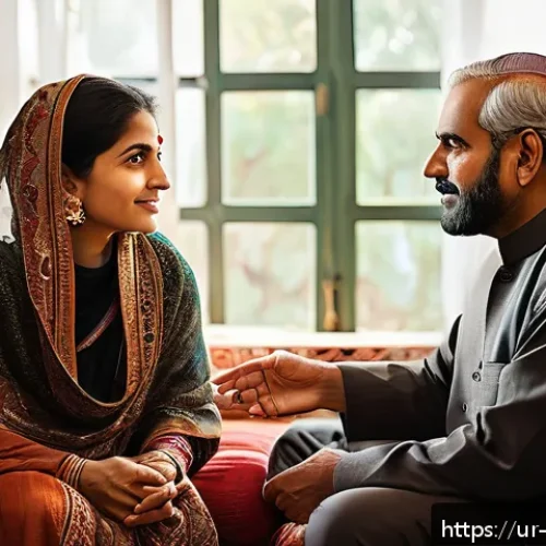 Home 31 비폭력 커뮤니케이션의 개인적 적용 - A warm, intimate living room scene featuring a middle-aged South Asian Urdu-speaking couple engaged ...