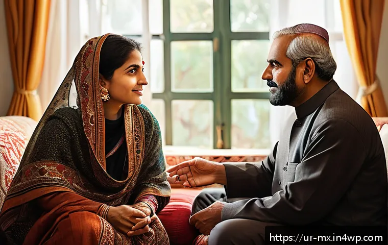 비폭력 커뮤니케이션의 개인적 적용 - A warm, intimate living room scene featuring a middle-aged South Asian Urdu-speaking couple engaged ...