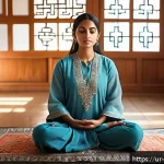 Home 23 비폭력 커뮤니케이션을 통한 개별적 성장 - A serene indoor scene depicting a South Asian woman sitting cross-legged on a traditional patterned ...