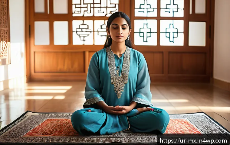 비폭력 커뮤니케이션을 통한 개별적 성장 - A serene indoor scene depicting a South Asian woman sitting cross-legged on a traditional patterned ...