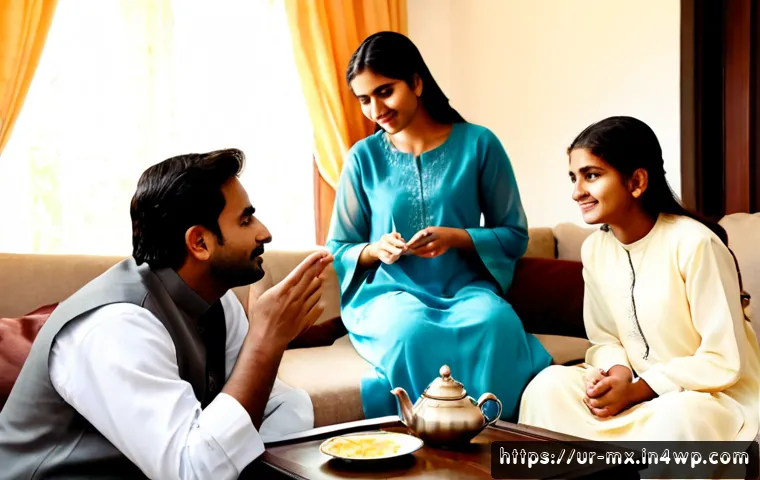Home 17 비폭력 커뮤니케이션의 필요성과 중요성 - Photorealistic scene of a Pakistani family in a bright, welcoming living room, two adults and a teen...
