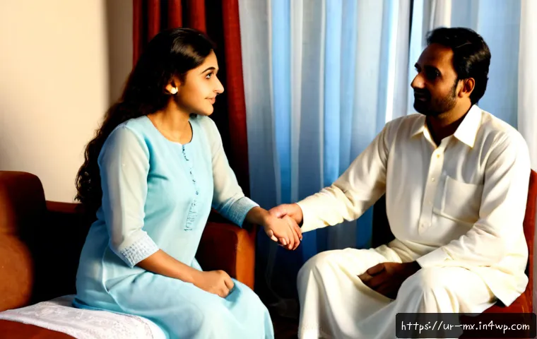 Home 17 비폭력 커뮤니케이션의 사례 분석 - Photorealistic Pakistani family discussion in a warm living room, an adult daughter calmly speaking ...